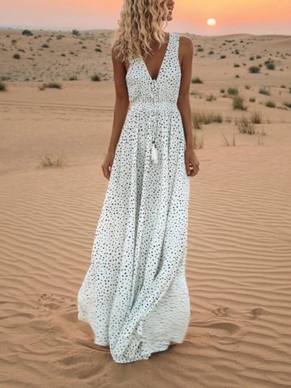Women Sleeveless Polka Dots Boho Maxi Dress Cocktail Party Summer Beach Sundress